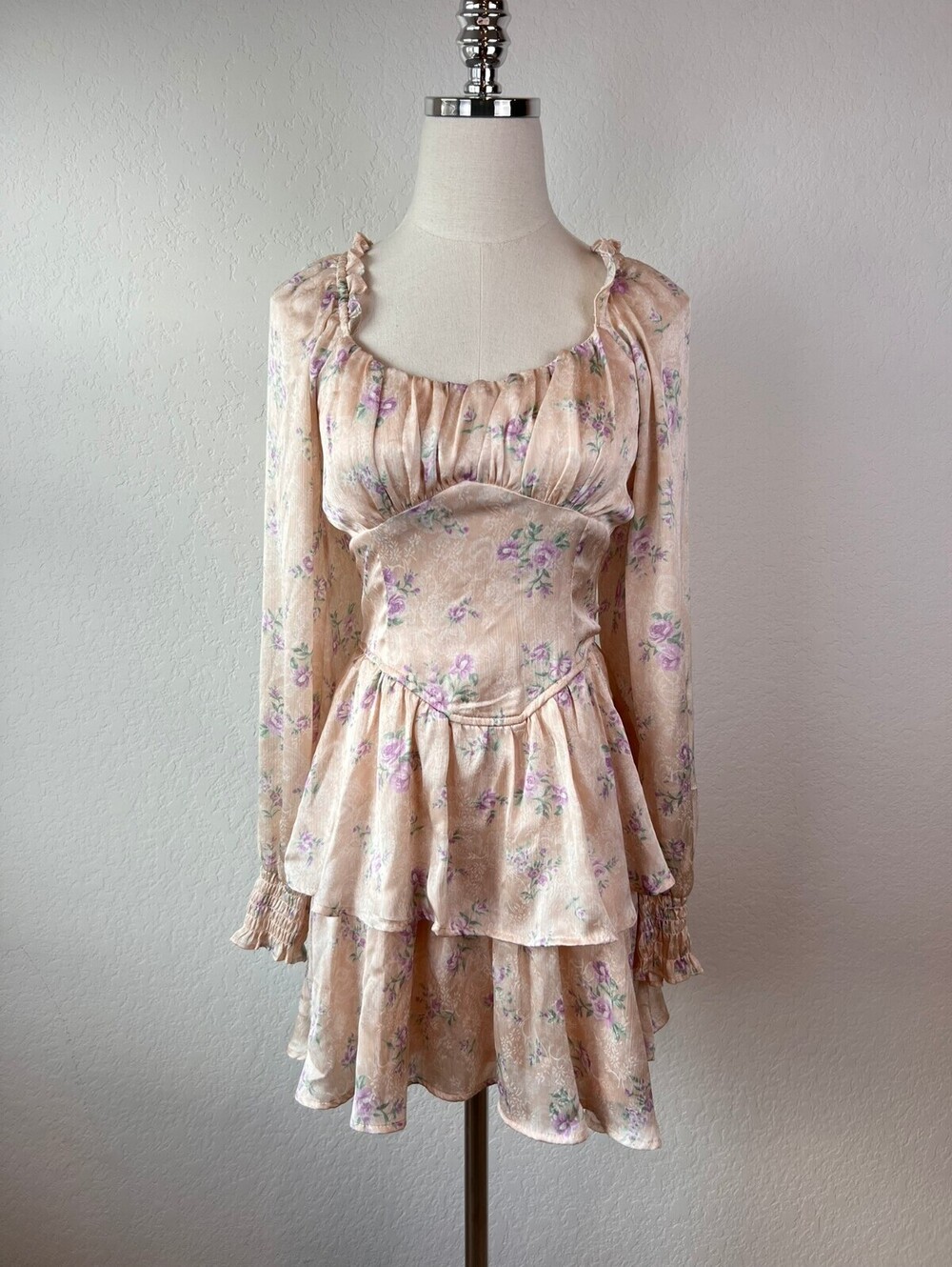 Francesca's Long Sleeve Floral Satin Ruffle Mini Dress Smocked Cottage Fairy S